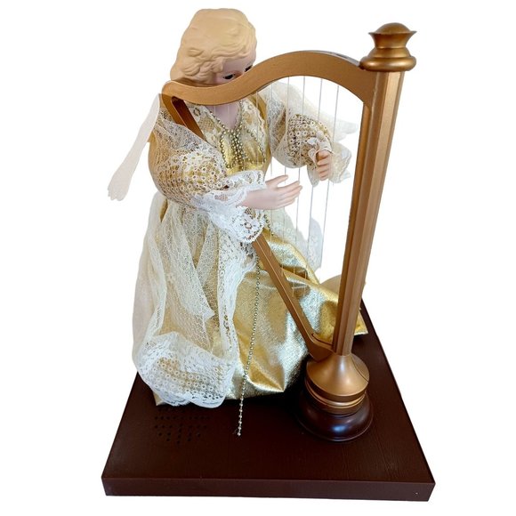 1990's Animated Musical Harp Playing Porcelain Face Hands Angel Battery Op Works - Picture 4 of 7